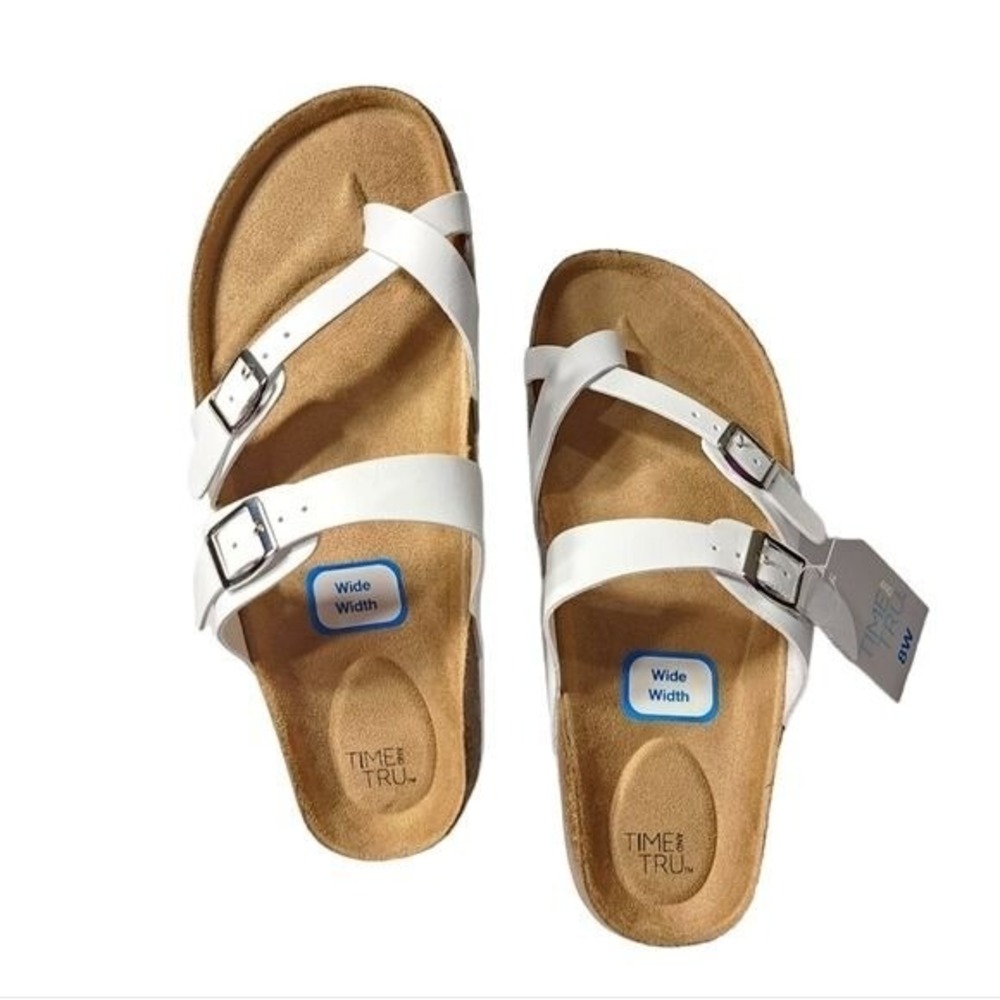 Time and Tru White Sandals Women's 8 Wide Width Cork Footbed Buckle‎ Comfort